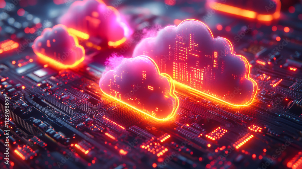 Aufkleber a computer chip with three clouds on it. the clouds are orange and pink. the image has a futuristic 