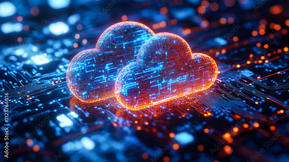 Poster a computer chip with two clouds on it. the clouds are orange and blue