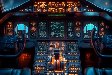 Fototapeta premium The intricate control panel of a modern aircraft cockpit.