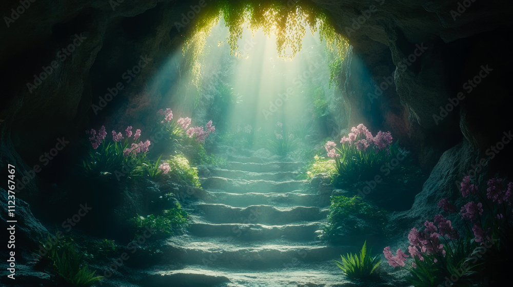Poster sunlight streams into a secluded cave, illuminating a stone staircase surrounded by lush greenery an