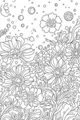 Fototapeta premium An intricate illustration showcases a vibrant garden filled with flowers and intricate patterns, surrounded by floating bubbles in whimsical designs