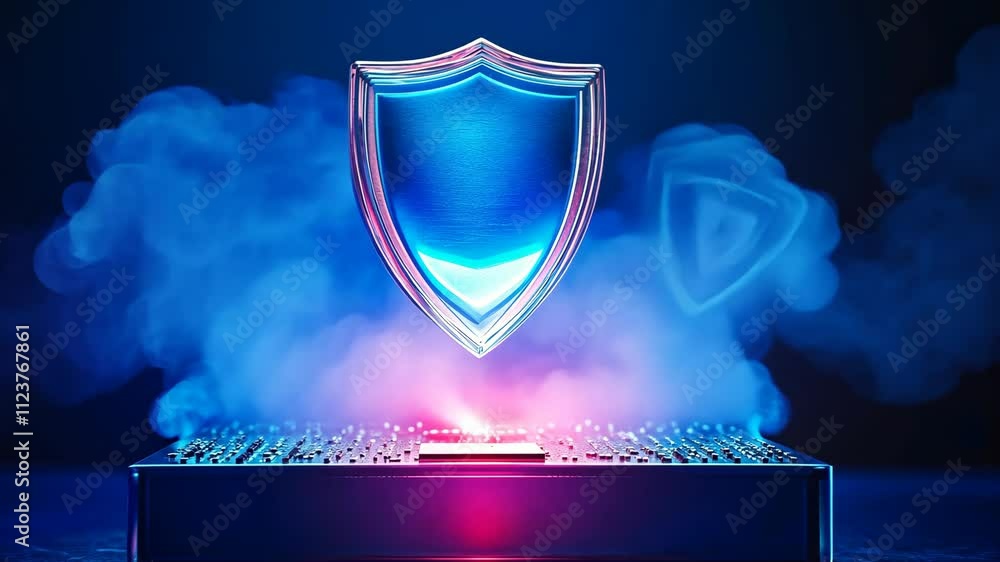 Poster digital shield representing cybersecurity in a futuristic setting with glowing effects and smoke