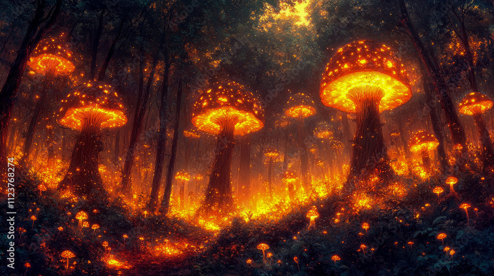 Poster glowing mushrooms light up a dark forest at twilight, creating a magical atmosphere filled with warm