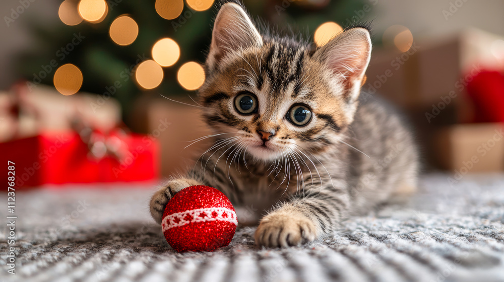 Poster a kitten is playing with a red ball. the kitten is looking at the camera with a curious expression
