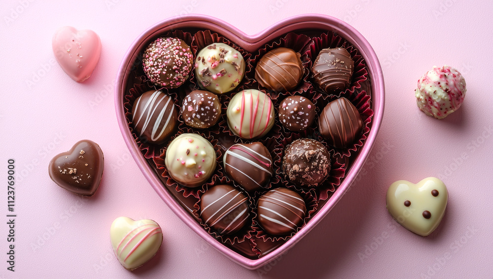 Poster a heart-shaped box of assorted chocolates. the box is pink and has a heart shape. the chocolates are