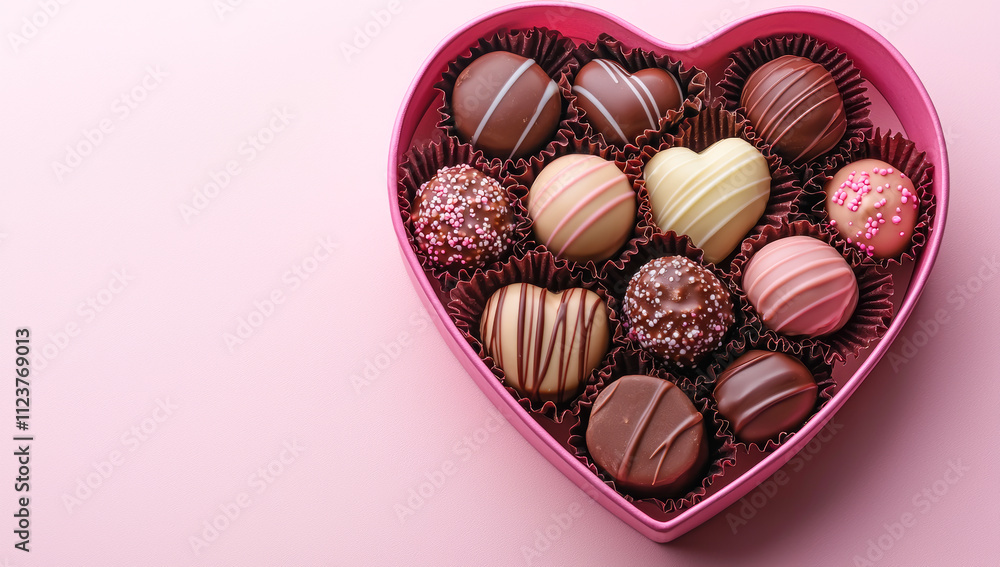 Poster a heart-shaped box of assorted chocolates. the box is pink and the chocolates are in different shape