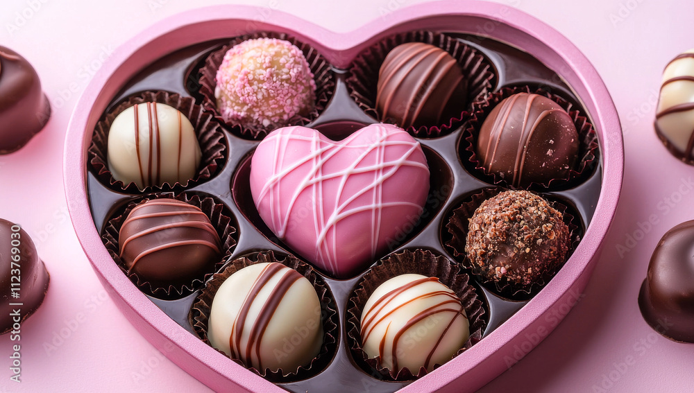 Poster a heart-shaped box of assorted chocolates. the chocolates are arranged in a heart shape and are surr