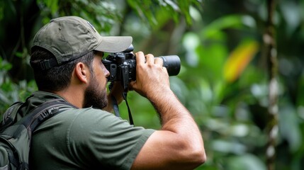Wildlife conservationist tracking animals in tropical forests photography natural habitat eco-friendly concept