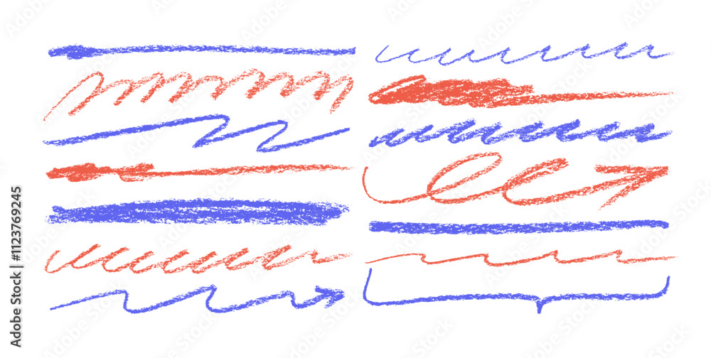 Poster crayon drawn blue and red underlines collection. squiggles and horizontal scribbles, emphasis elemen