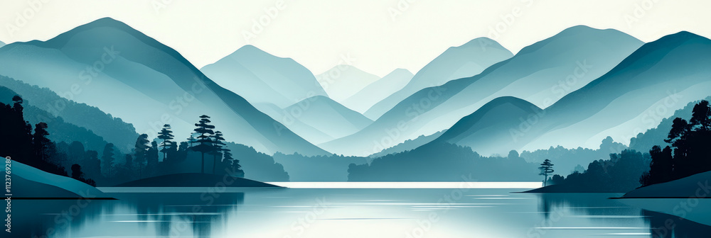 Poster tranquil setting features a calm lake surrounded by layered mountains under soft morning light, crea