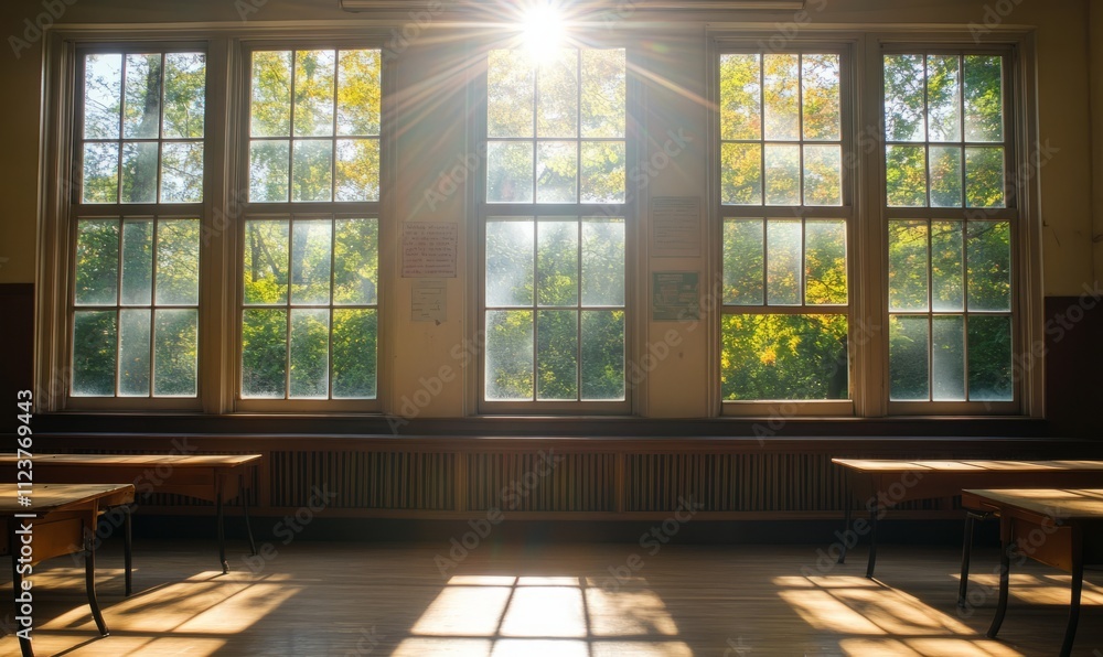 Poster sunlight streaming through windows in an abandoned classroom