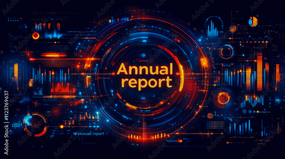 Poster colorful data visuals and graphics present key information from an annual report, highlighting trend