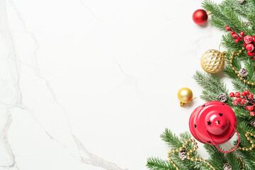 Christmas lantern and holiday decorations on white background. Top view with space for text.