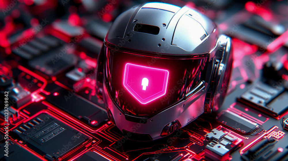 Aufkleber a sleek robotic helmet rests on a glowing circuit board, illuminated by bright red lights, creating 