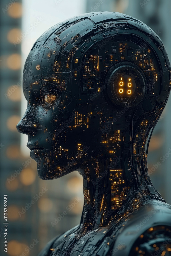 Poster a humanoid robot showcases intricate circuits and glowing lights in a modern city setting during twi