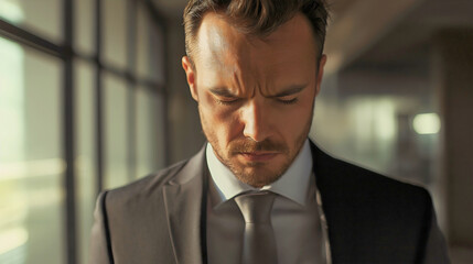Fototapeta premium A businessman standing in the hallway with his head bowed, as his company has gone bankrupt and he has lost all his money, a businessman facing major problems.