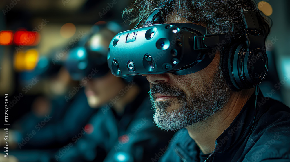 Poster participants focus intently while using high-tech virtual reality headsets in a dimly lit technology