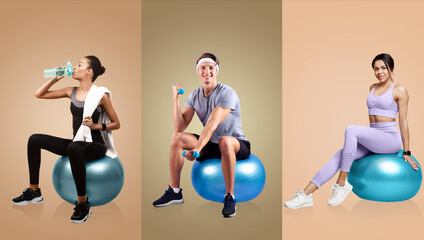 A collection of young athletes engaging in fitness activities with exercise balls. One person sips...
