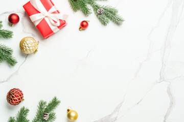 Christmas falt lay background. Christmas present with decor on white with space for design.