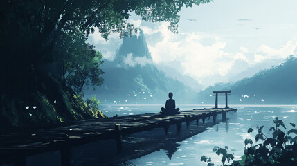 A solitary person sitting cross-legged on a narrow pier, surrounded by the sounds of nature, finding peace within themselves.