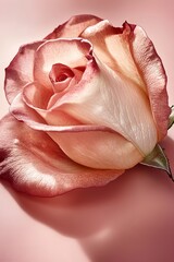 single rose petal lies on pale pink background softly illuminated by diffused light with generous copy space