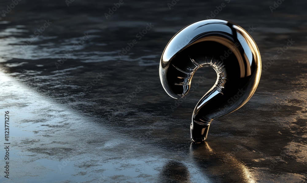 Poster this image depicts a shiny metal balloon in the shape of a question mark on a dark background, illus