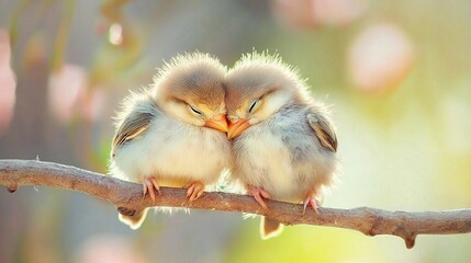 Fototapeta premium A pair of tiny birds perched on a tree limb amidst a hazy backdrop of rustling foliage