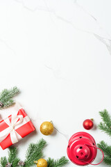 Christmas falt lay background. Christmas present with decor on white with space for design.