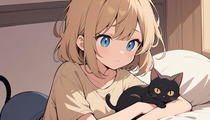 Girl resting on a bed with a black cat in a cozy room during daylight hours