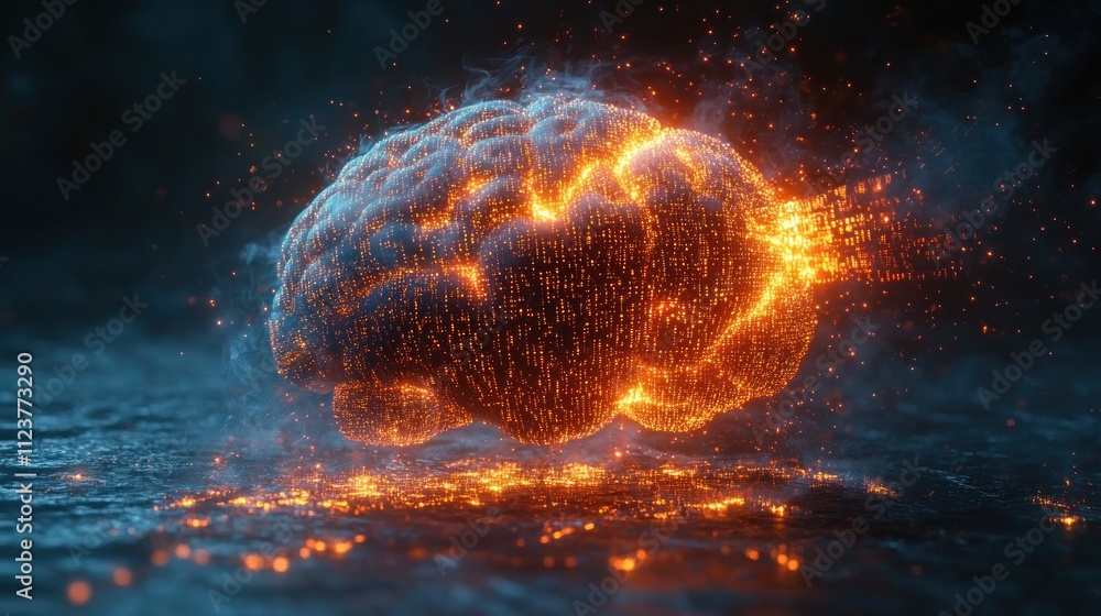 Poster a glowing, abstract representation of a brain with fiery elements.