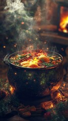   A large pot overflowing with delectable dishes rests atop a wooden table beside a crackling fire in a fireplace