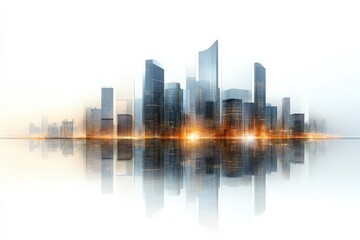 Obraz premium Modern city skyline with reflected lights in foggy atmosphere during evening