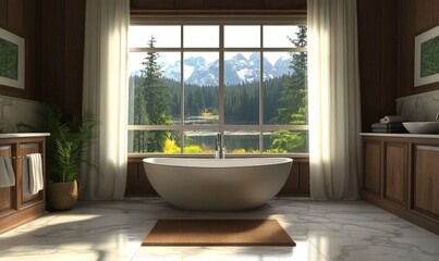 Fototapeta premium luxurious modern bathroom with a freestanding tub marble tiles and a large window overlooking nature spa-like interior