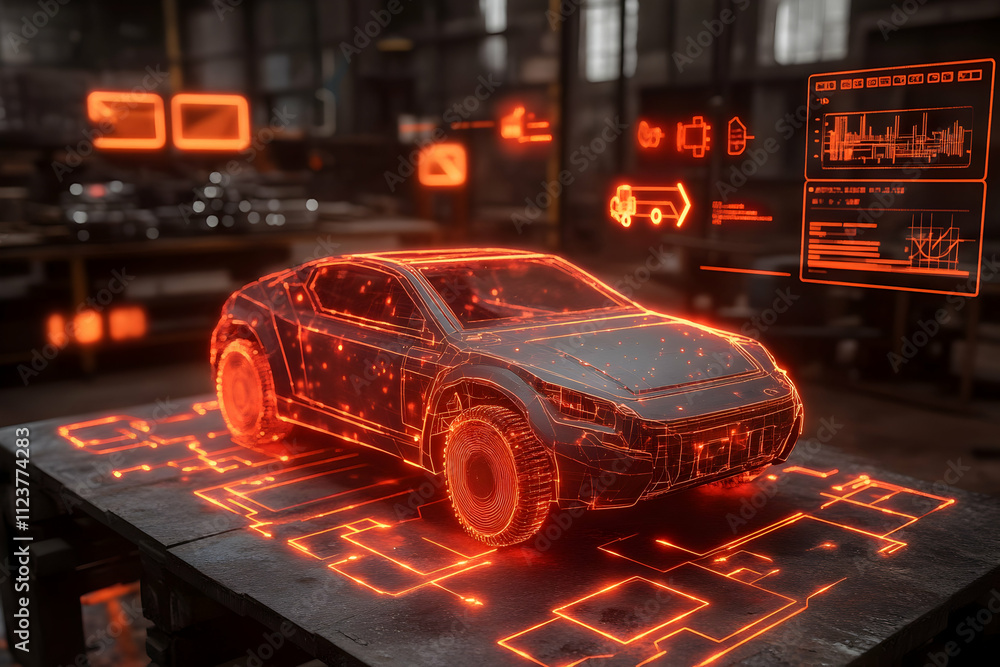 Poster futuristic car design displayed on a digital interface in a workshop.