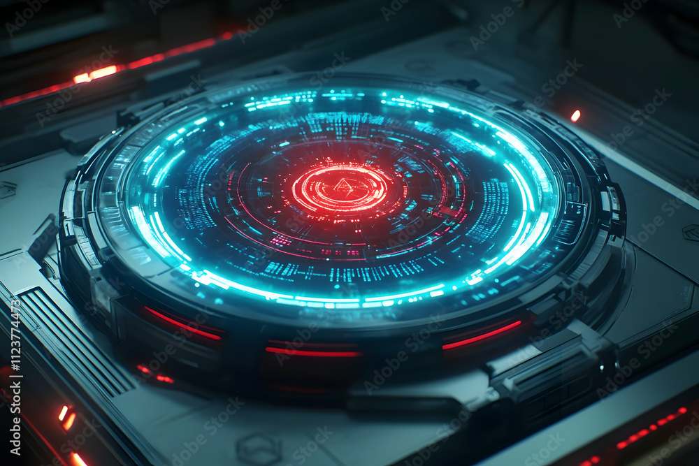 Poster futuristic circular interface with glowing lights.