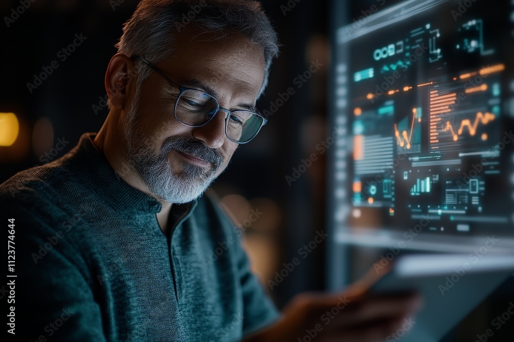Poster professional man analyzing data and reviewing information on a digital screen in an office setting a