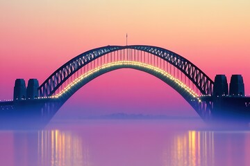 Obraz premium sparkling sydney harbour bridge silhouette against pastel sunset sky softly blurred and surrounded by copy space