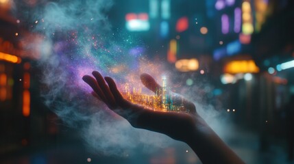 Fototapeta premium A dynamic low angle close-up of a hand emitting a vibrant holographic urban skyline, enveloped in soft mist and glowing particles, with a dark and mysterious cityscape in the background