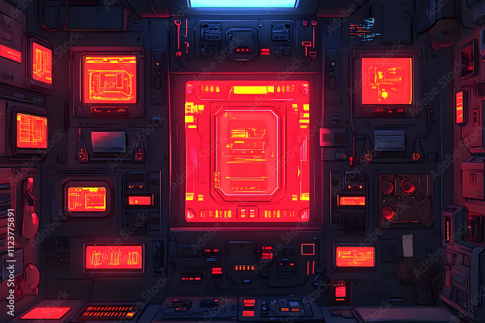 Poster futuristic control panel with glowing red screens and digital interface.