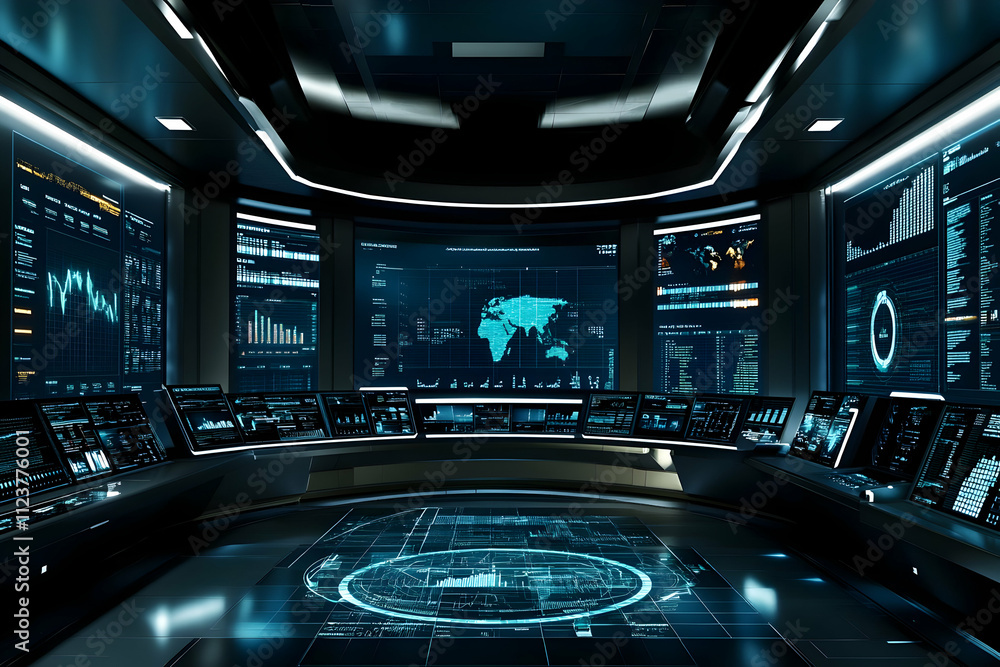 Poster futuristic control room with digital displays showing global data.
