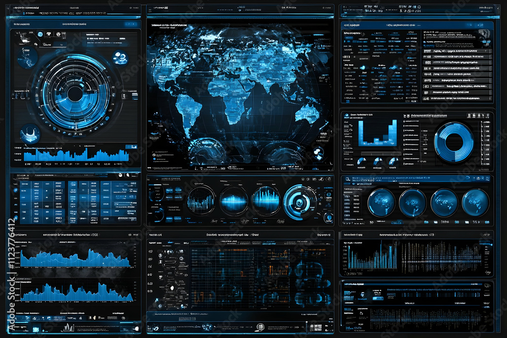 Poster futuristic digital dashboard displays global data analytics with charts and graphs.