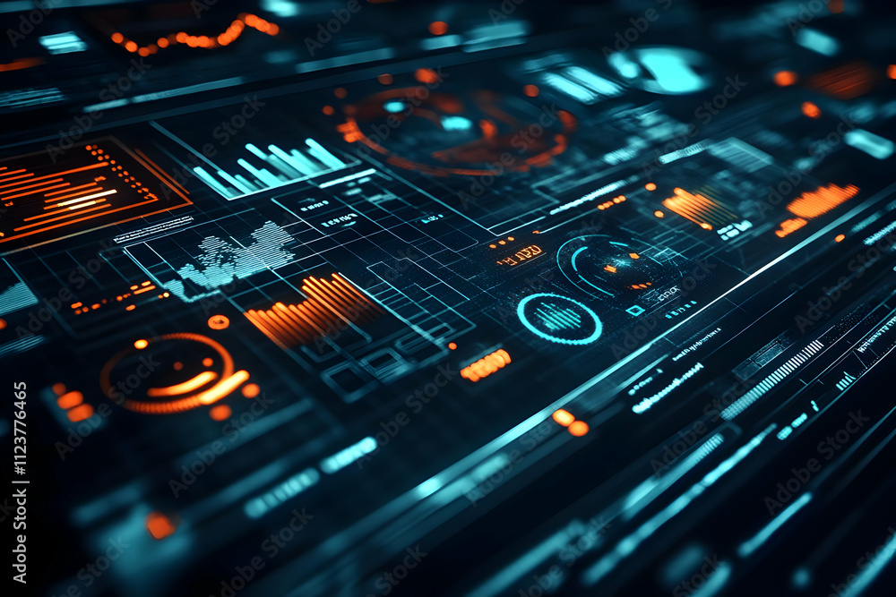 Poster futuristic digital dashboard interface with glowing graphs and charts.