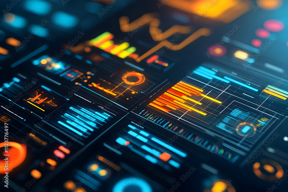 Poster futuristic digital dashboard with glowing graphs and charts.