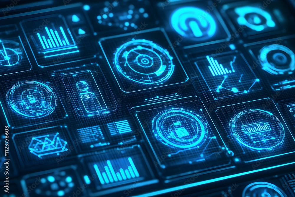 Poster futuristic digital interface with glowing blue data graphics and dashboards.