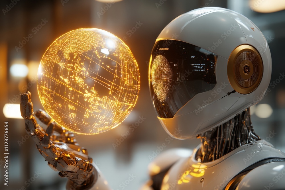 Aufkleber robot holds glowing holographic globe showcasing advanced technology in a futuristic setting