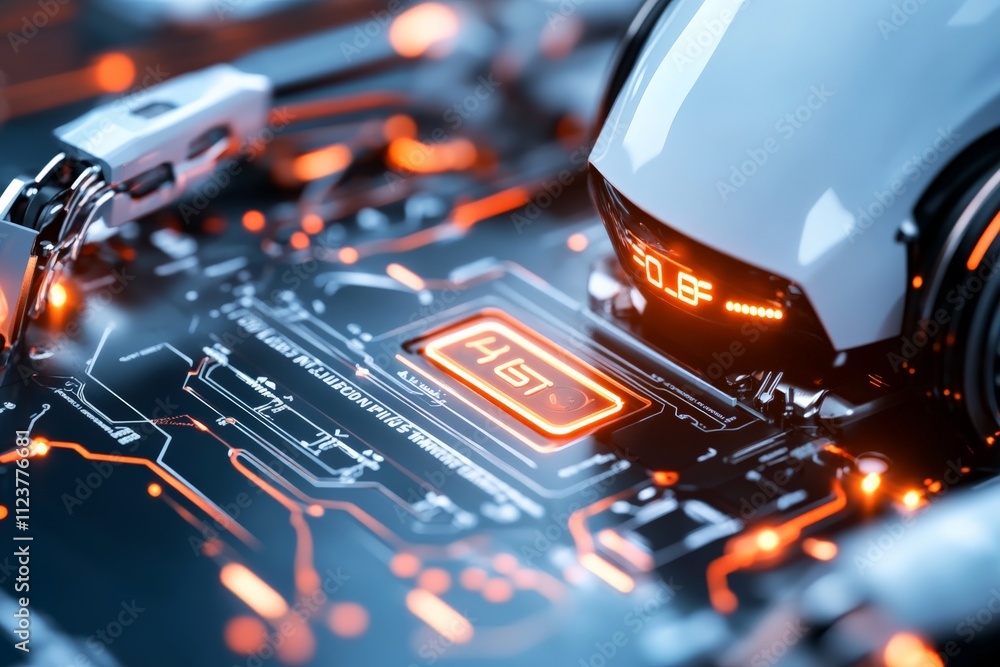 Aufkleber close-up view of a futuristic circuit board with glowing elements showcasing advanced technology
