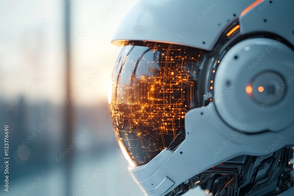 Poster futuristic helmet showcasing advanced technology with glowing circuitry in a high-tech environment