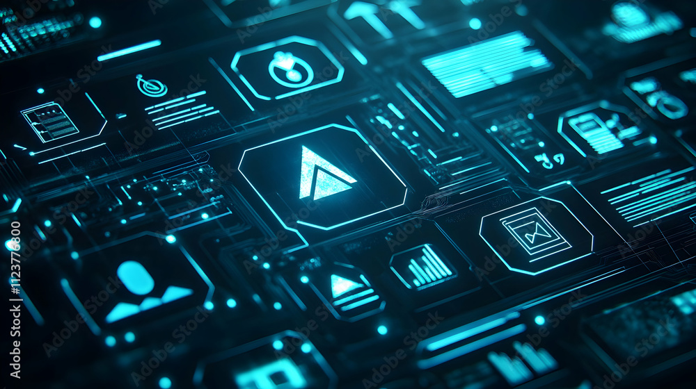 Poster futuristic digital interface with glowing icons and data.
