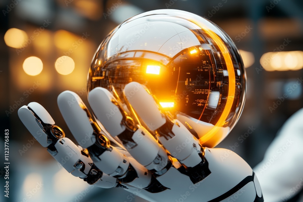 Poster robot hand holding a glowing orb in a futuristic setting with bright lights and technology details