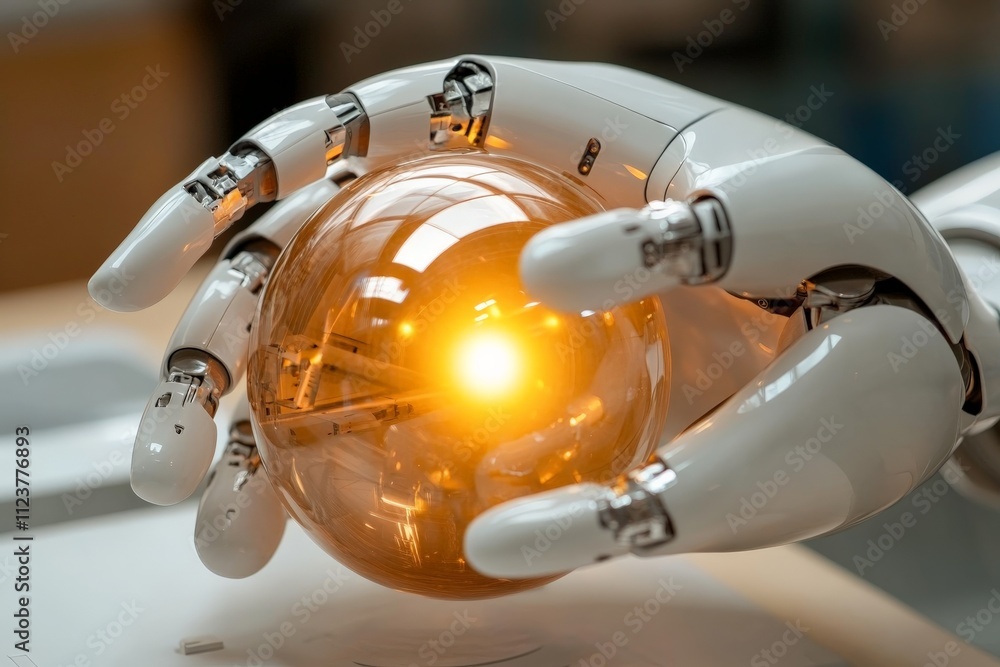Aufkleber robotic hand holding a glowing orb in a tech lab demonstrating advanced innovation and design